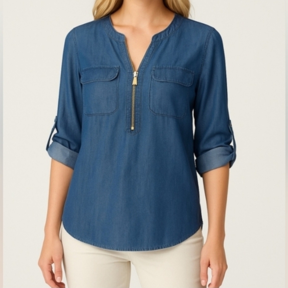 ELLEN TRACY size Large Dark Wash Quarter Zip Chambray Tencel Top Roll Tab Sleeve